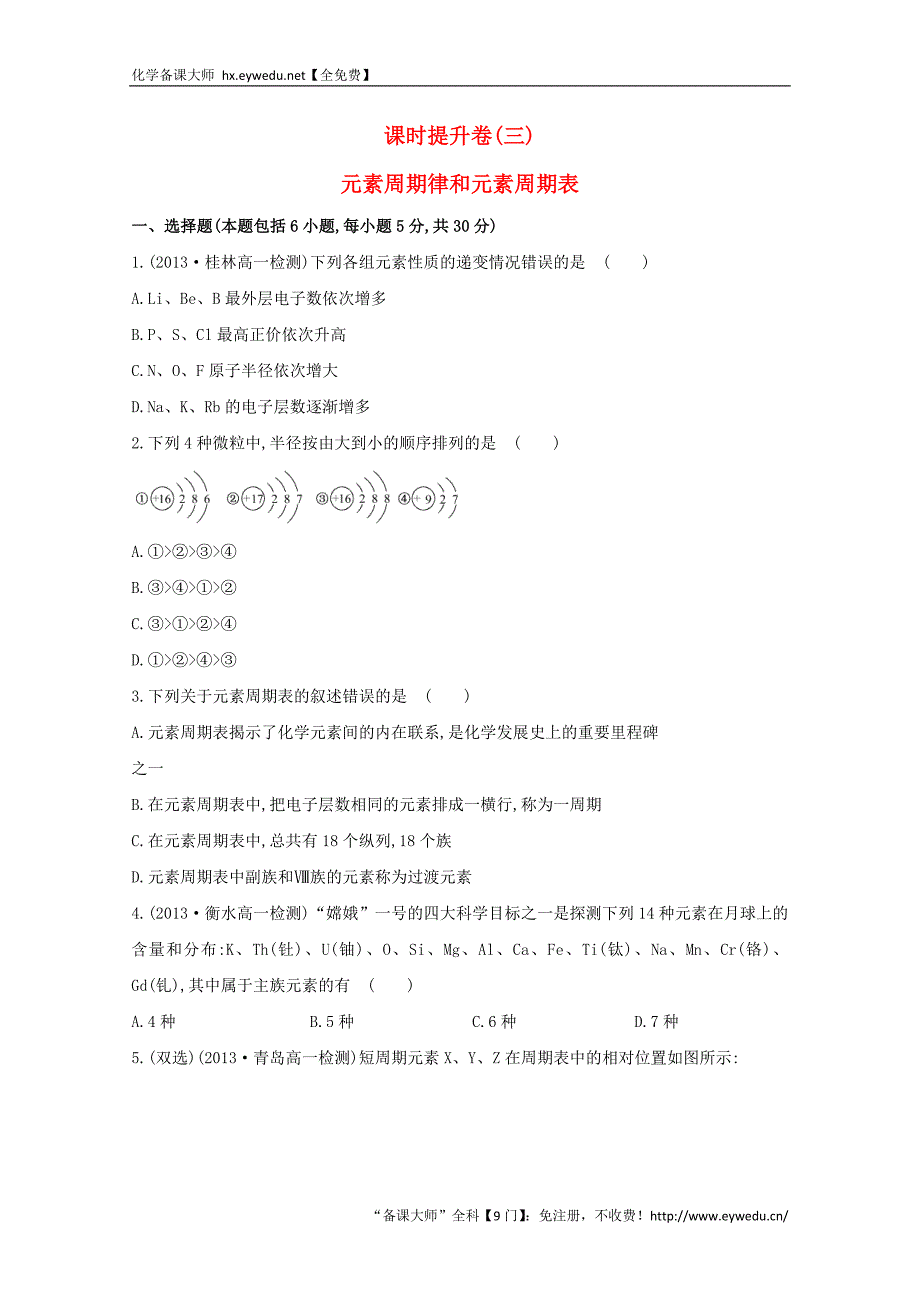 （学习方略）高中化学 1.2元素周期律和元素周期表课时提升卷 鲁科版必修2_第1页