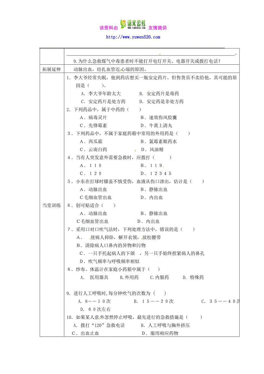 【人教版】八年级生物下册：8.2《用药和急救》导学案（2）_第2页