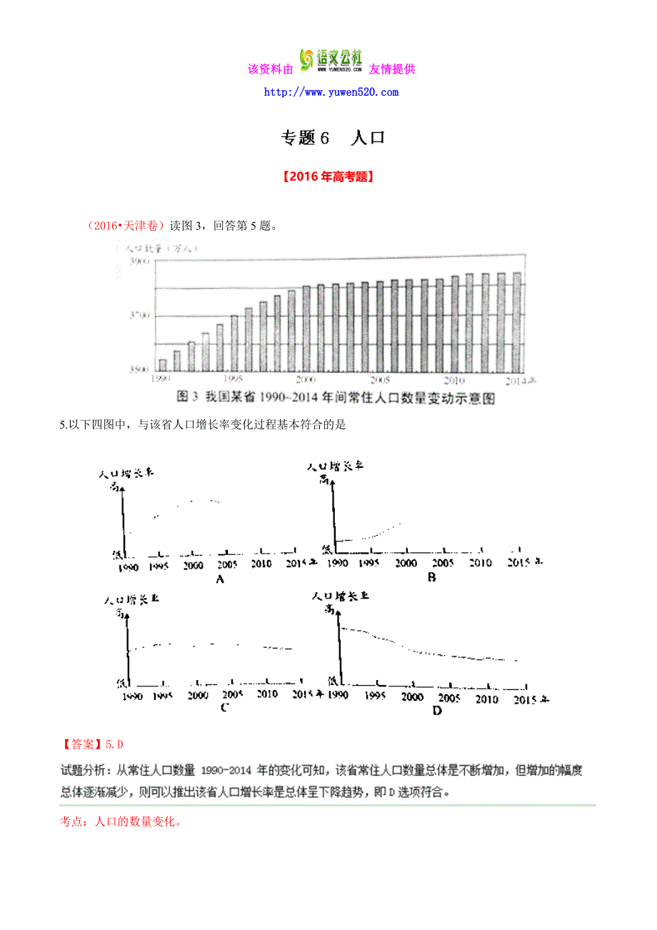 2016年高考地理真题分类汇编：专题06-人口（Word版，含解析）_第1页