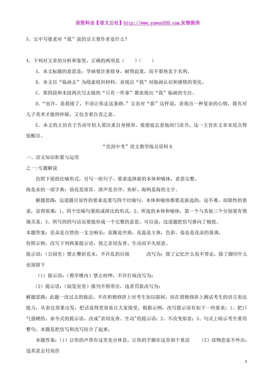 中考语文教学练兵系列资料（第08集，含答案）_第5页