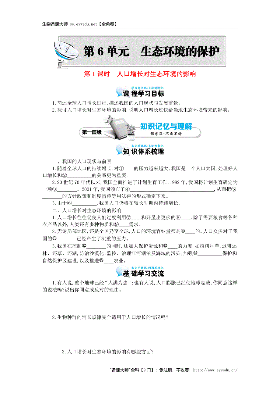 2015高中生物 6.1人口增长对生态环境的影响导学案 新人教版必修3_第1页