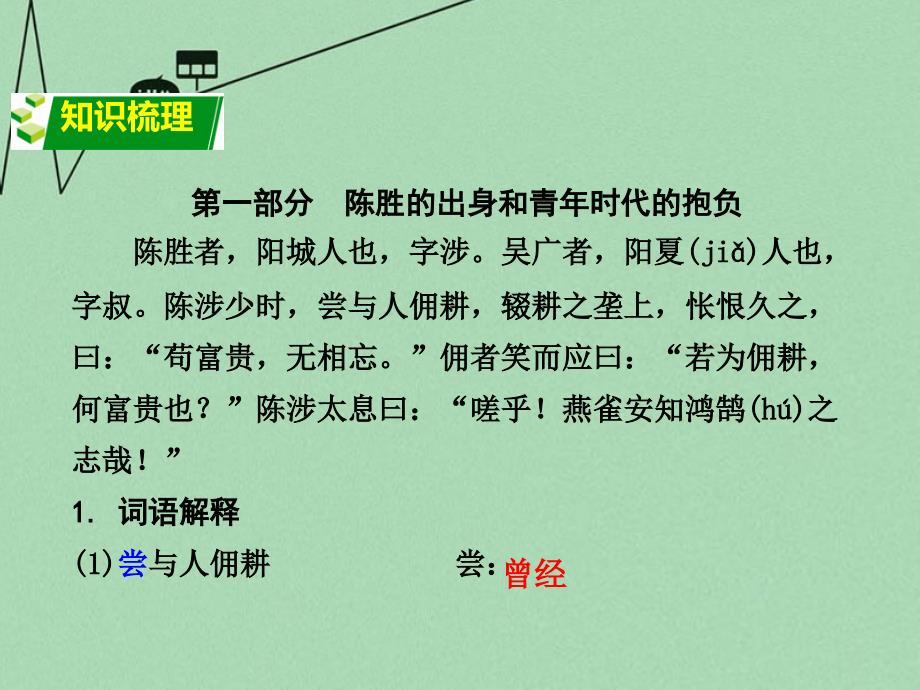 【湖南中考面对面】2016年中考语文 第二部分 古诗文阅读 专题1 第21篇 陈涉世家复习课件 新人教版_第2页