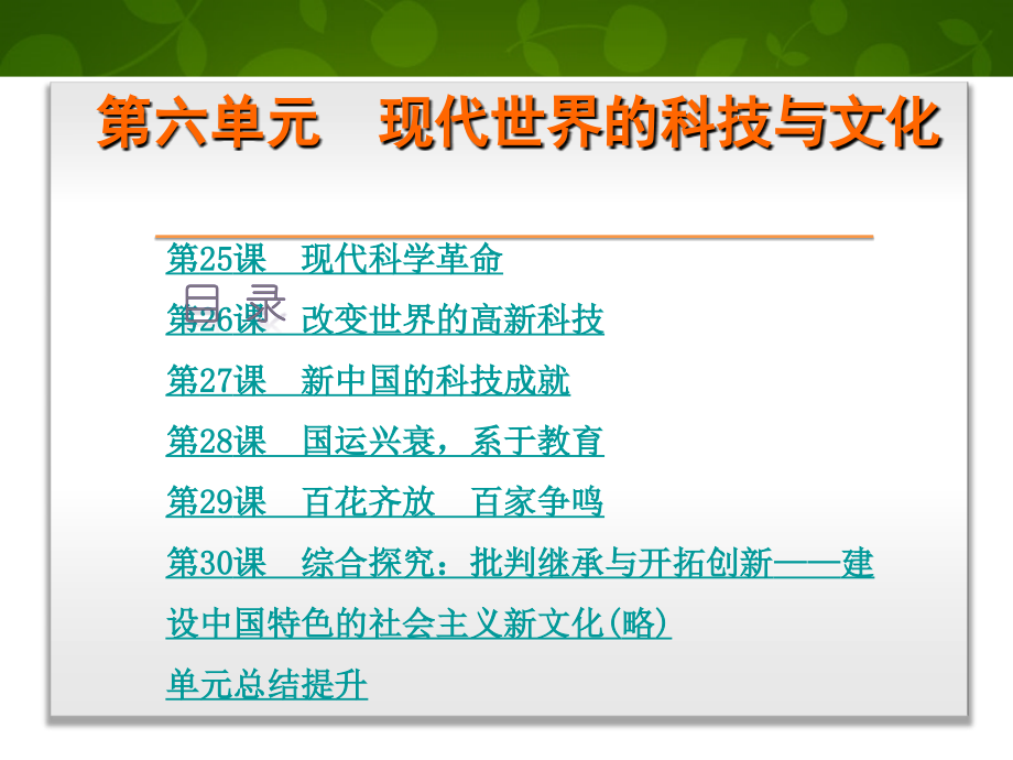 【学练考】2015-2016学年高中历史 第六单元 现代世界的科技与文化课件 岳麓版必修3_第1页