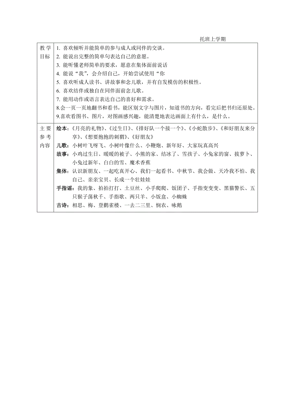 幼儿园语言教学目标及参考内容_第1页