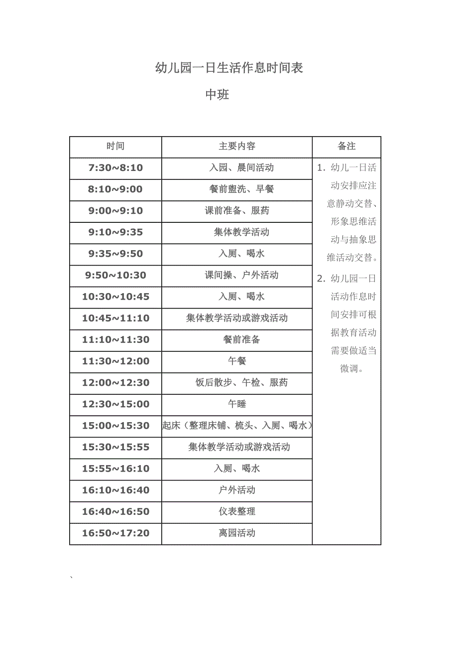 幼儿园一日生活作息时间表中班_第1页