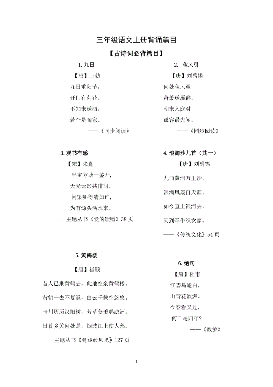 2015——2016学年三年级上册背诵篇目_第1页