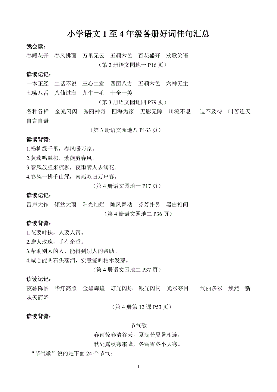 小学语文1至6年级各册好词佳句汇总_第1页