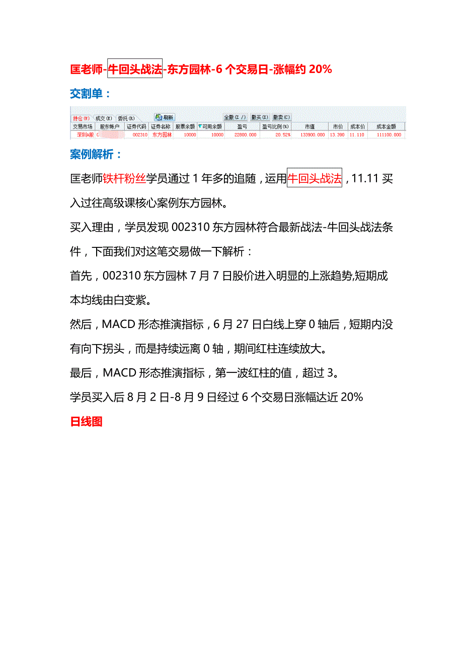 匡洺颉：牛回头战法实战之东方园林-6个交易日-涨幅约20_第1页