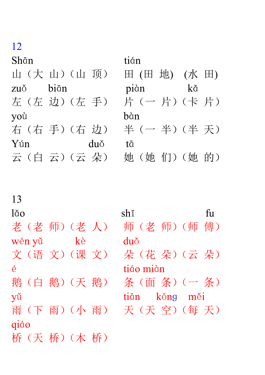 人教版小学一年级上册带拼音生字表组词(生字表一)_第4页