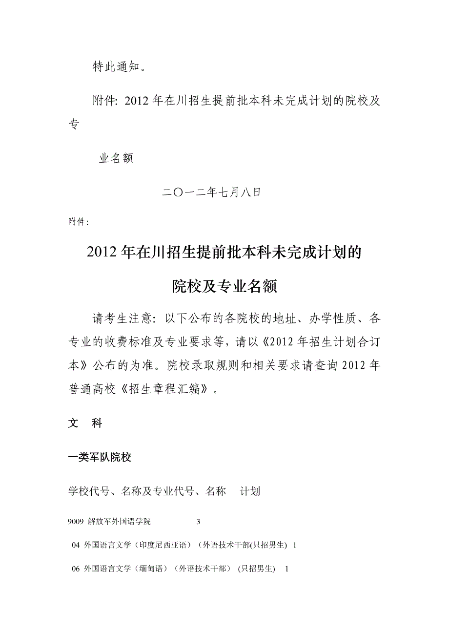 2012四川省教育考试院关于普通高校提前批录取本科未完成计划院校征集志愿_第3页