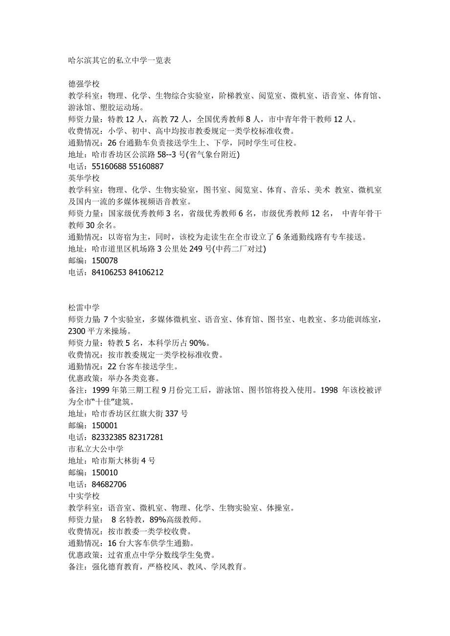 哈尔滨其它的私立中学一览表_第1页