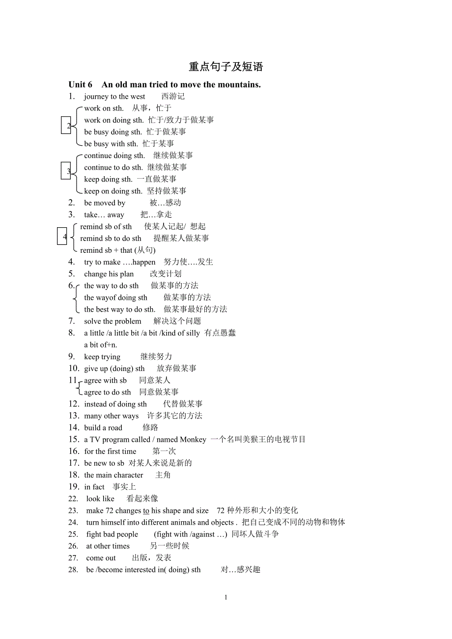 人教版八年级下Unit6Anoldmantriedtomovethemountains重点短语句子_第1页