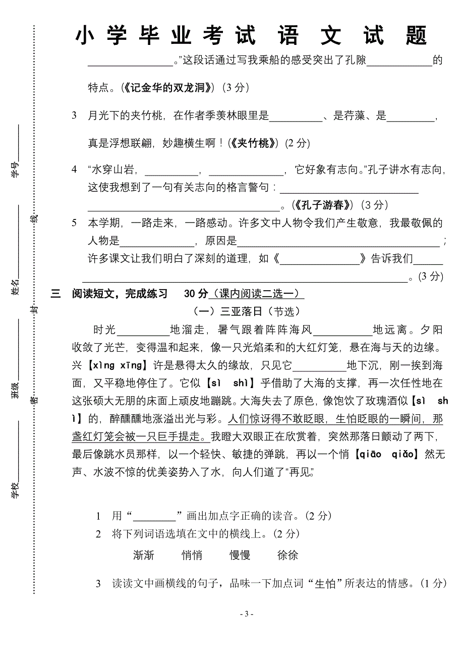 小学毕业考试语文试题及答案 (2)_第3页