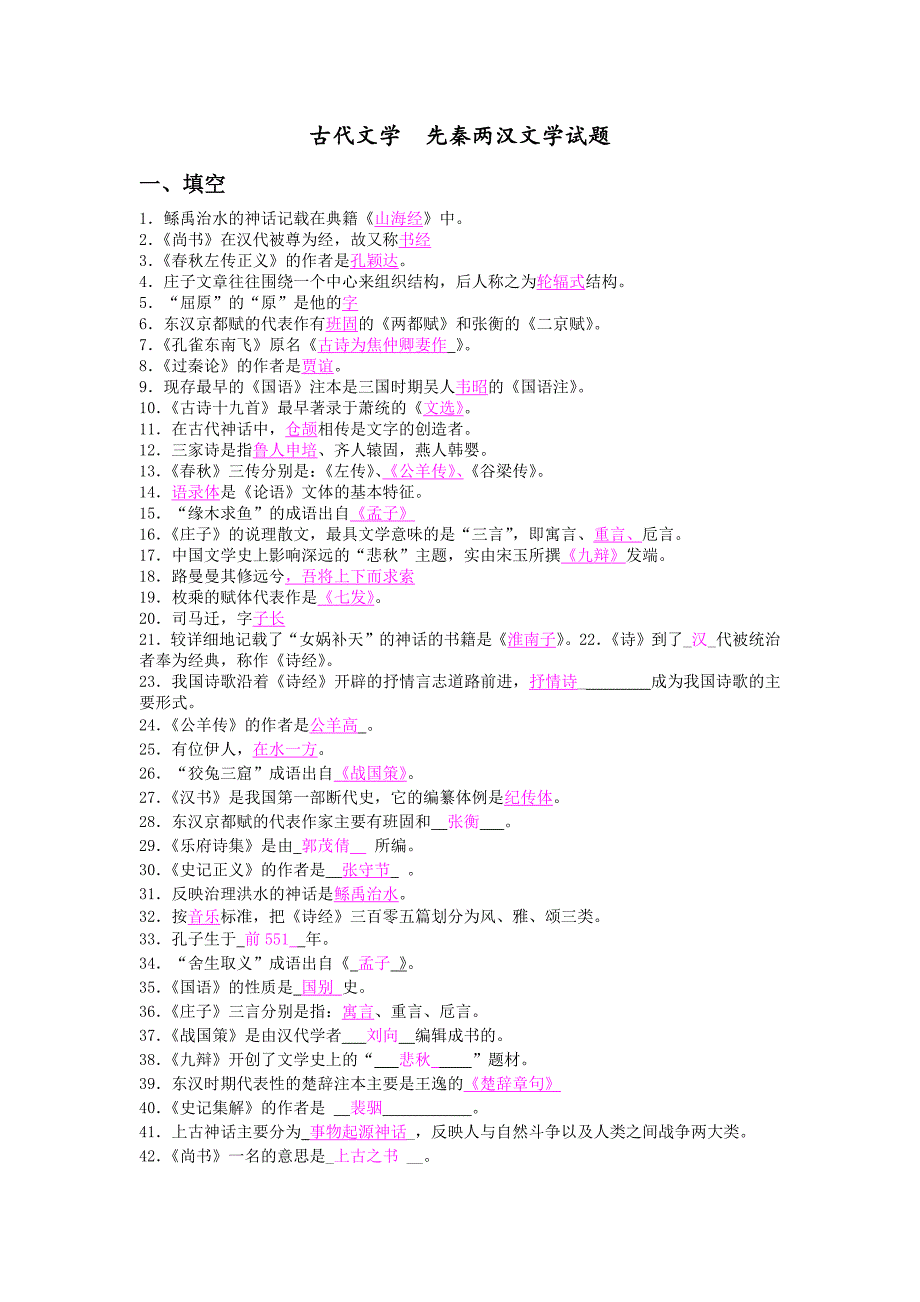 古代文学先秦两汉文学试题_第1页