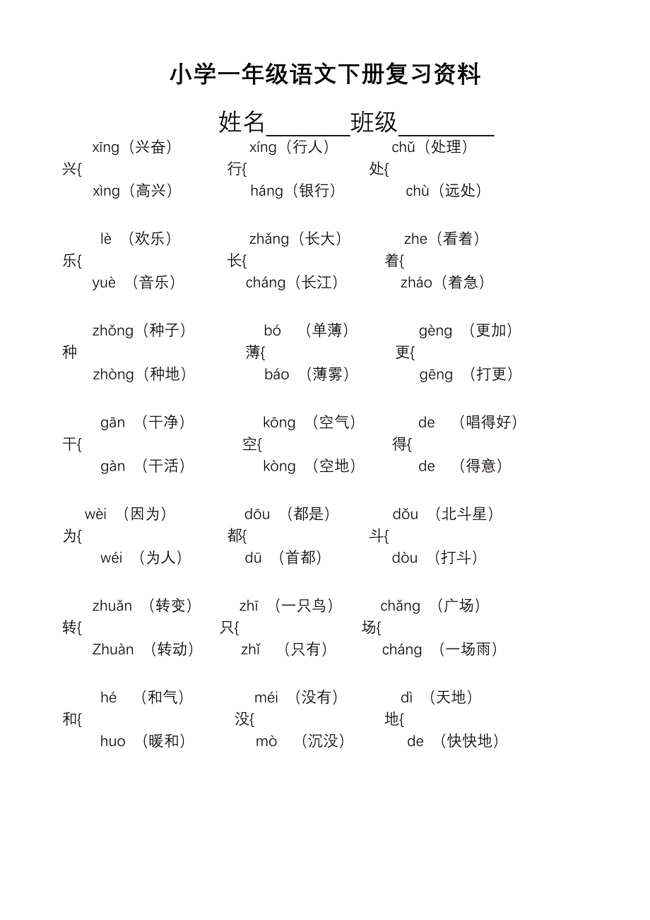 小学一年级语文下册多音字组词 (2)_第1页