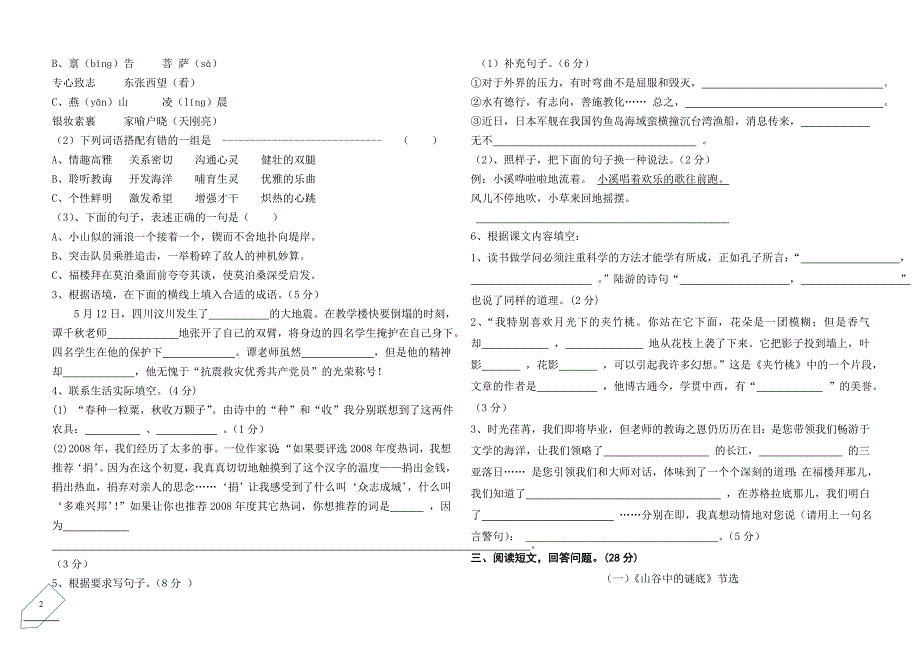 苏教版实验小学六年级语文毕业试卷_第2页