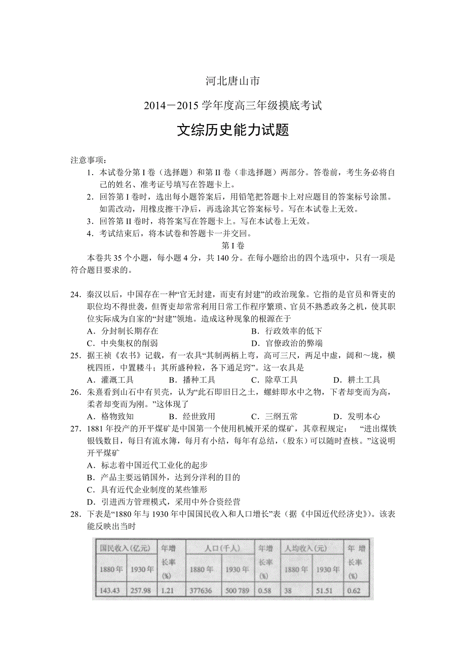 河北唐山市2015届高三摸底考试文综历史试题版含答案_第1页