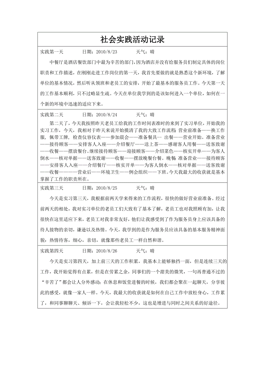 餐厅社会实践活动一周记录_第1页