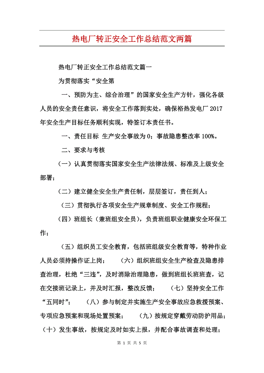 热电厂转正安全工作总结范文两篇_第1页