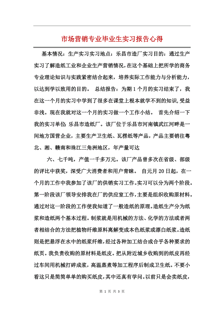 市场营销专业毕业生实习报告心得_第1页