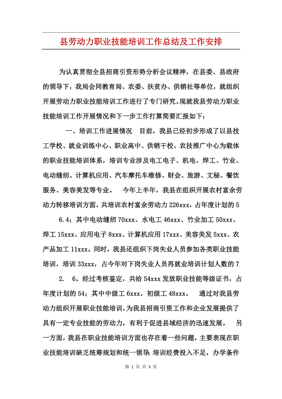 县劳动力职业技能培训工作总结及工作安排_第1页