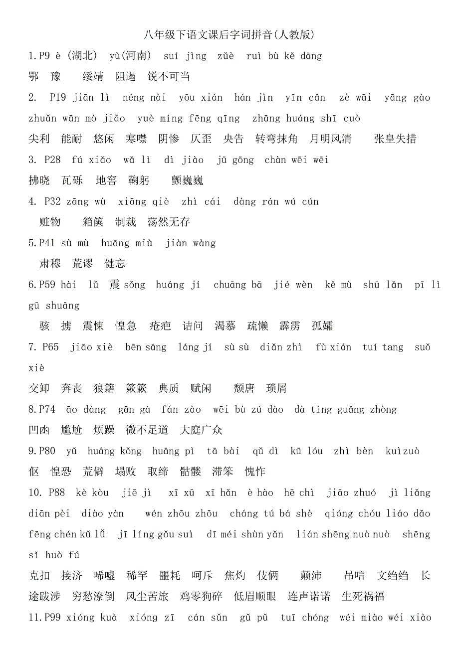 八年级语文课后字词拼音(人教版)_第1页