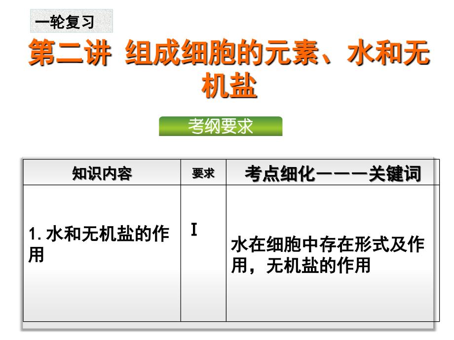 第讲组成细胞的元素元素水和无机盐一轮复习_第1页