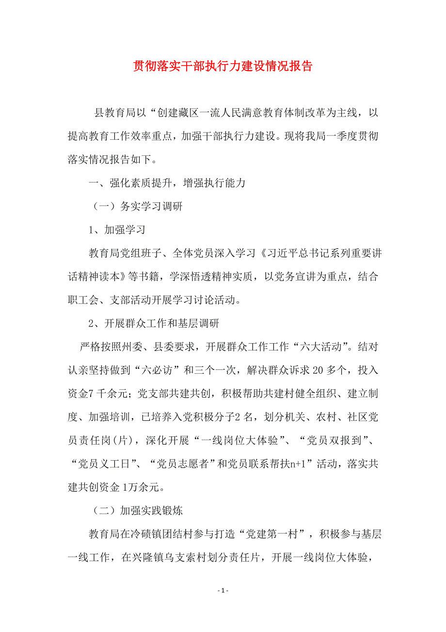 贯彻落实干部执行力建设情况报告_第1页