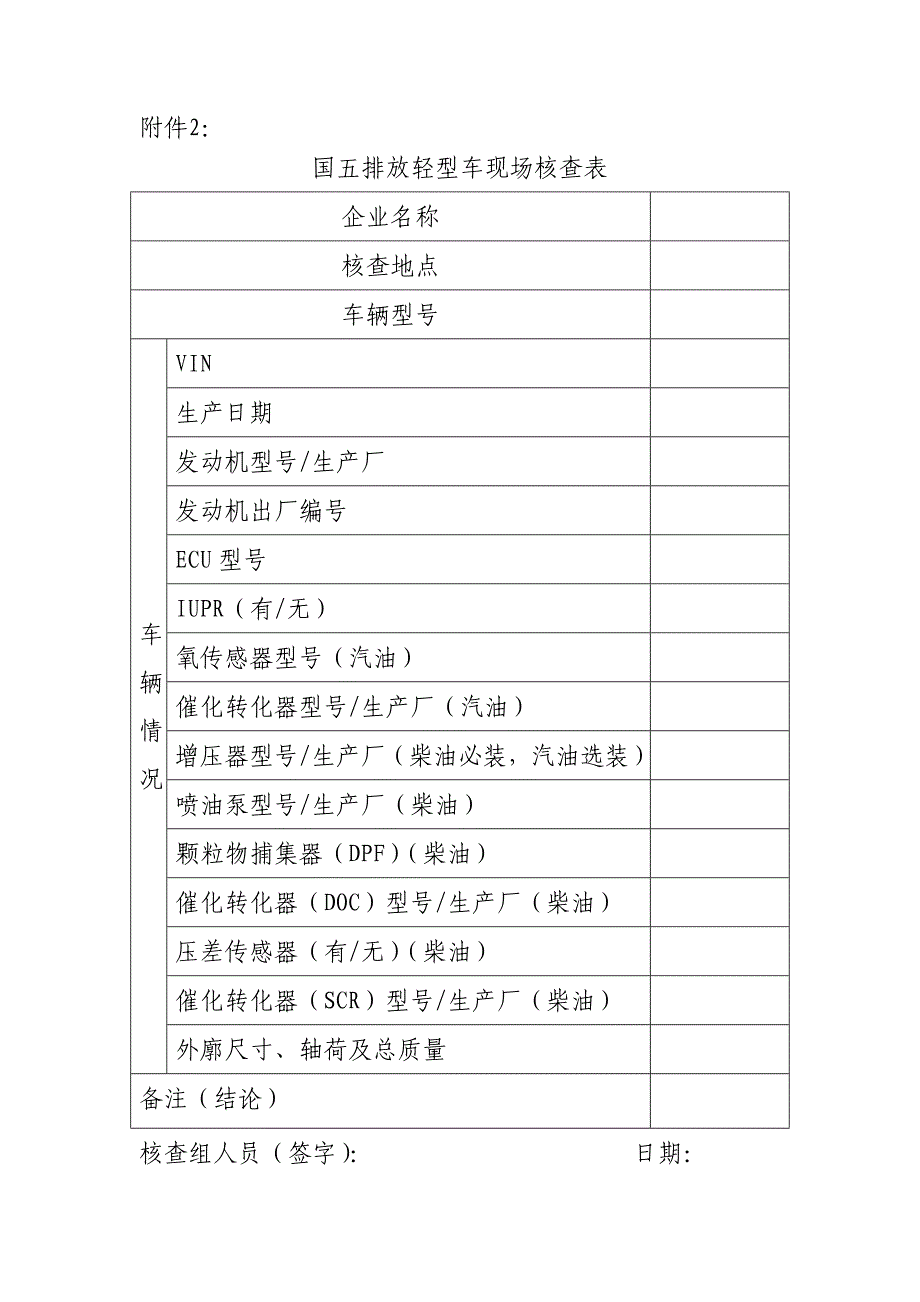 附件2：国五排放轻型车现场核查表_第1页