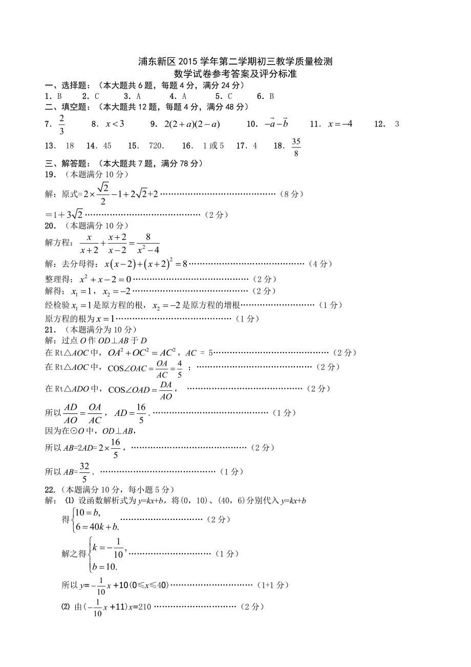 2016年上海浦东新区初三中考二模数学试卷及答案_第5页