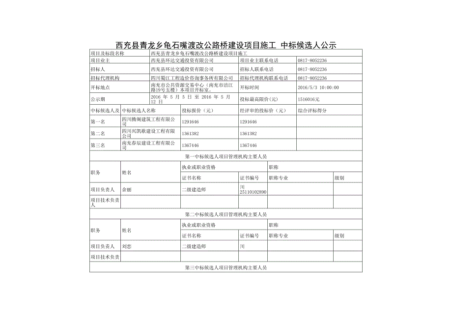 西充县青龙乡龟石嘴渡改公路桥建设项目施工中标候选人公示_第1页