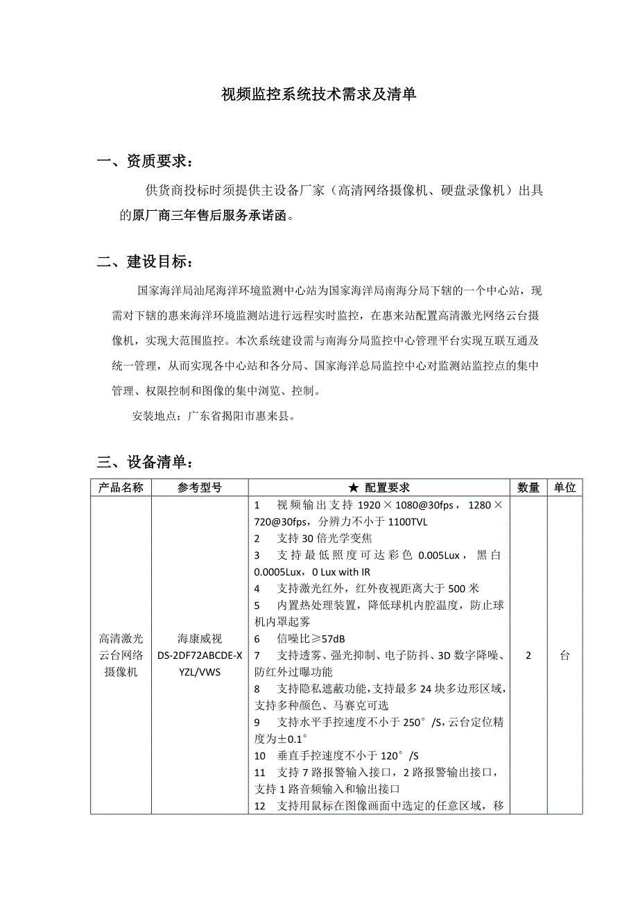 视频监控系统技术需求及清单_第1页