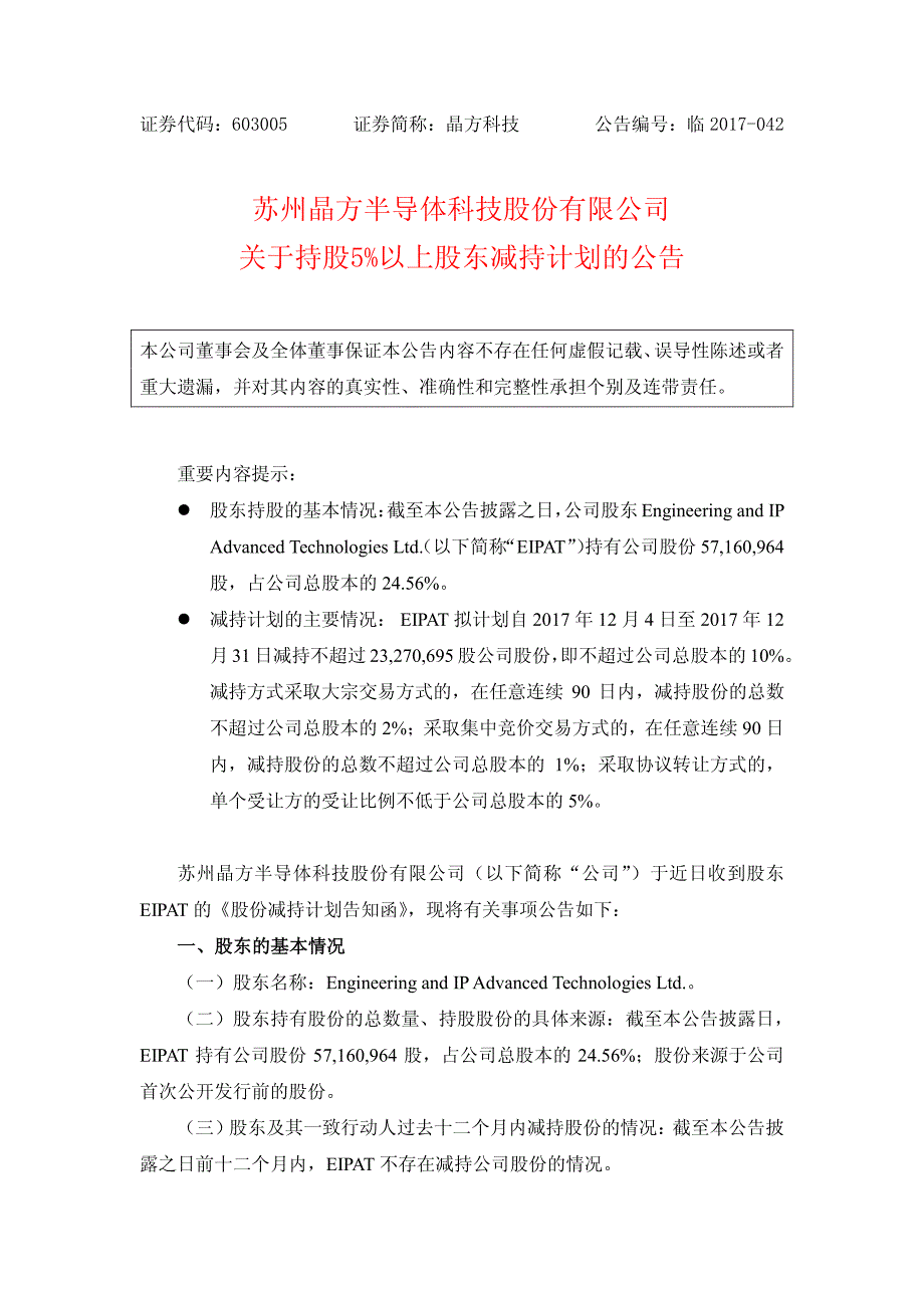 苏州晶方半导体科技股份有限公司关于持股5%以上股东减持_第1页