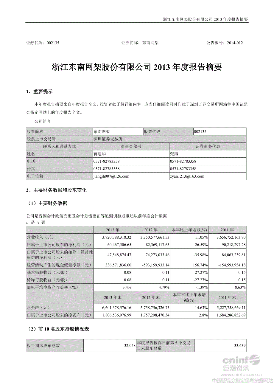 浙江东南网架股份有限公司2013年度报告摘要_第1页