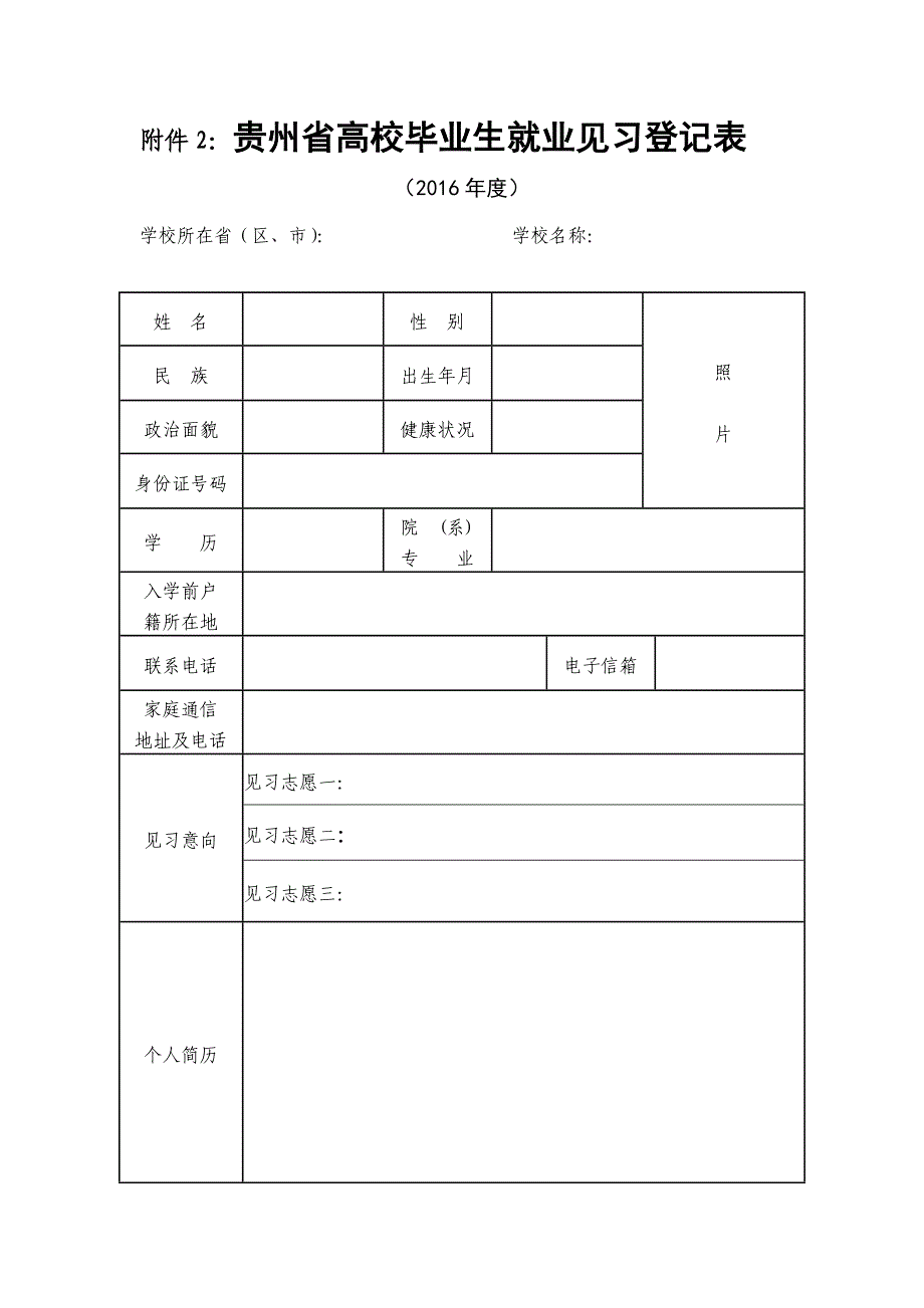 附件2：贵州省高校毕业生就业见习登记表_第1页