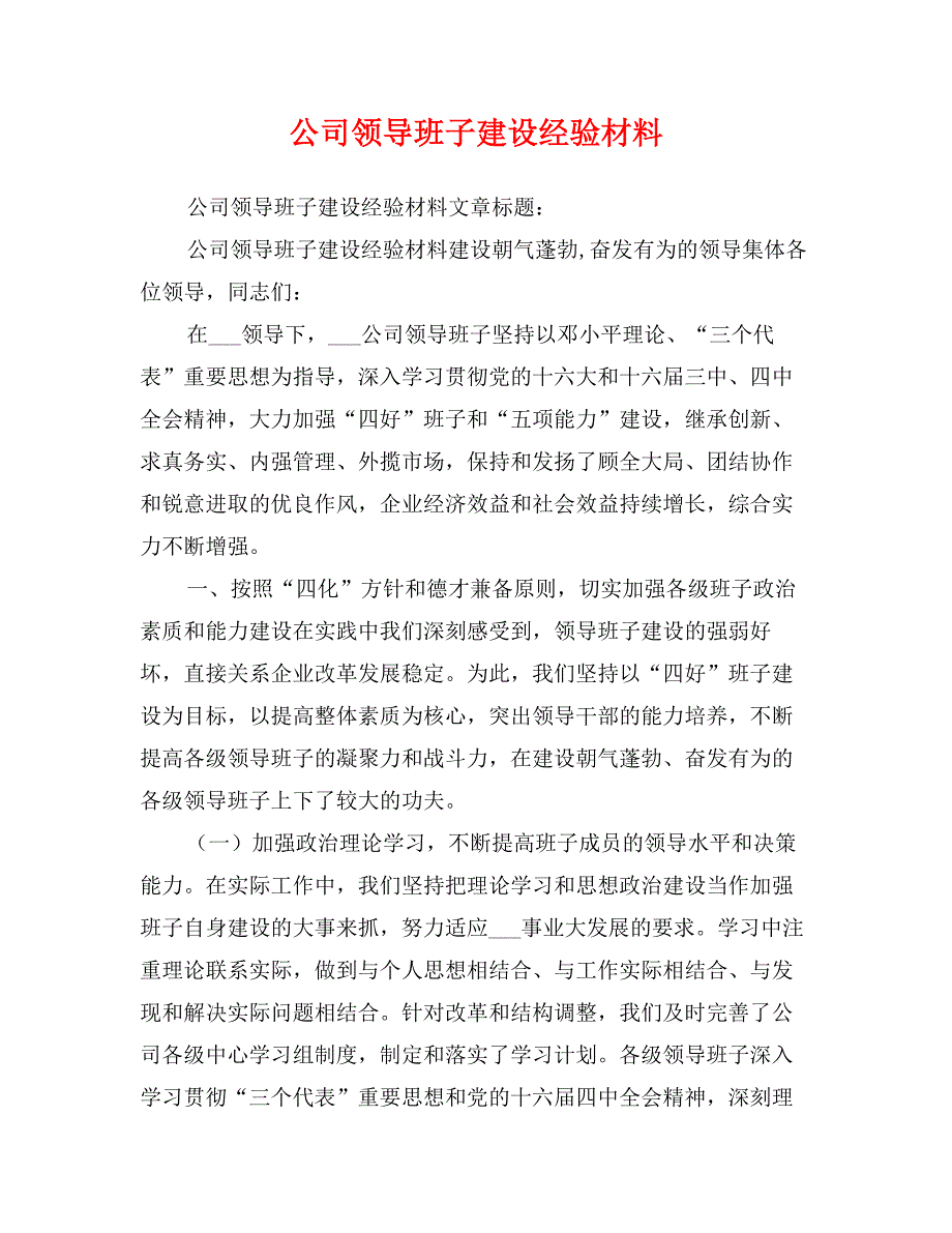 公司领导班子建设经验材料_第1页