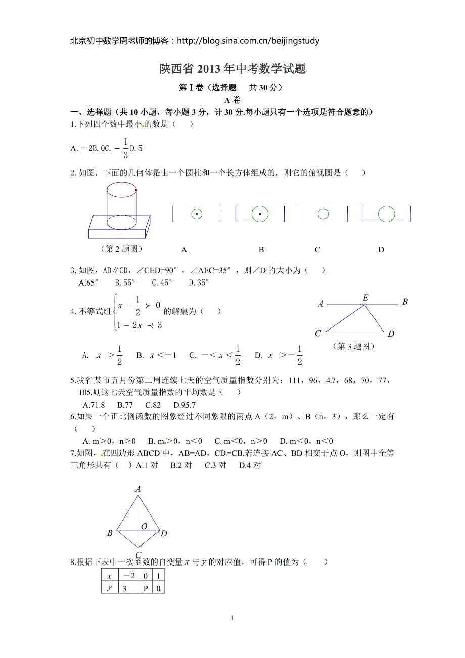 2013年陕西省中考数学试卷（含答案）_第1页