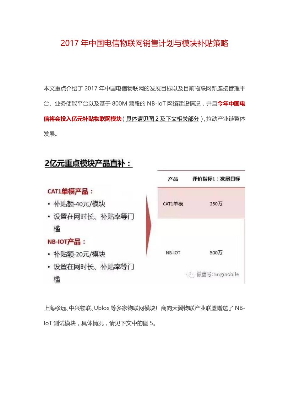 2017年中国电信物联网销售计划与模块补贴策略_第1页