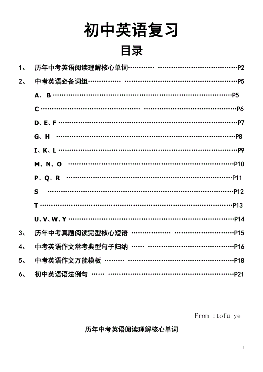 初中英语重点单词、词组及作文模版_第1页