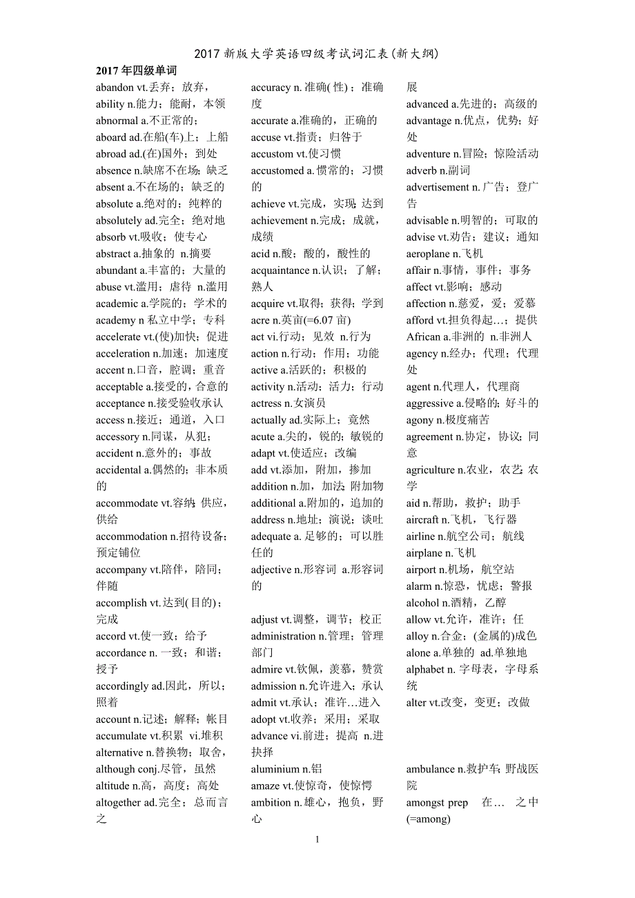 2017新版大学英语四级考试词汇表(新大纲)_第1页