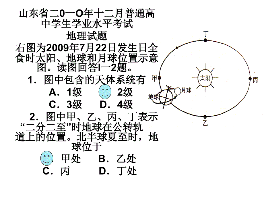 PPT山东省二0一O年十二月普通高中学生学业水平考试地理试题_第1页