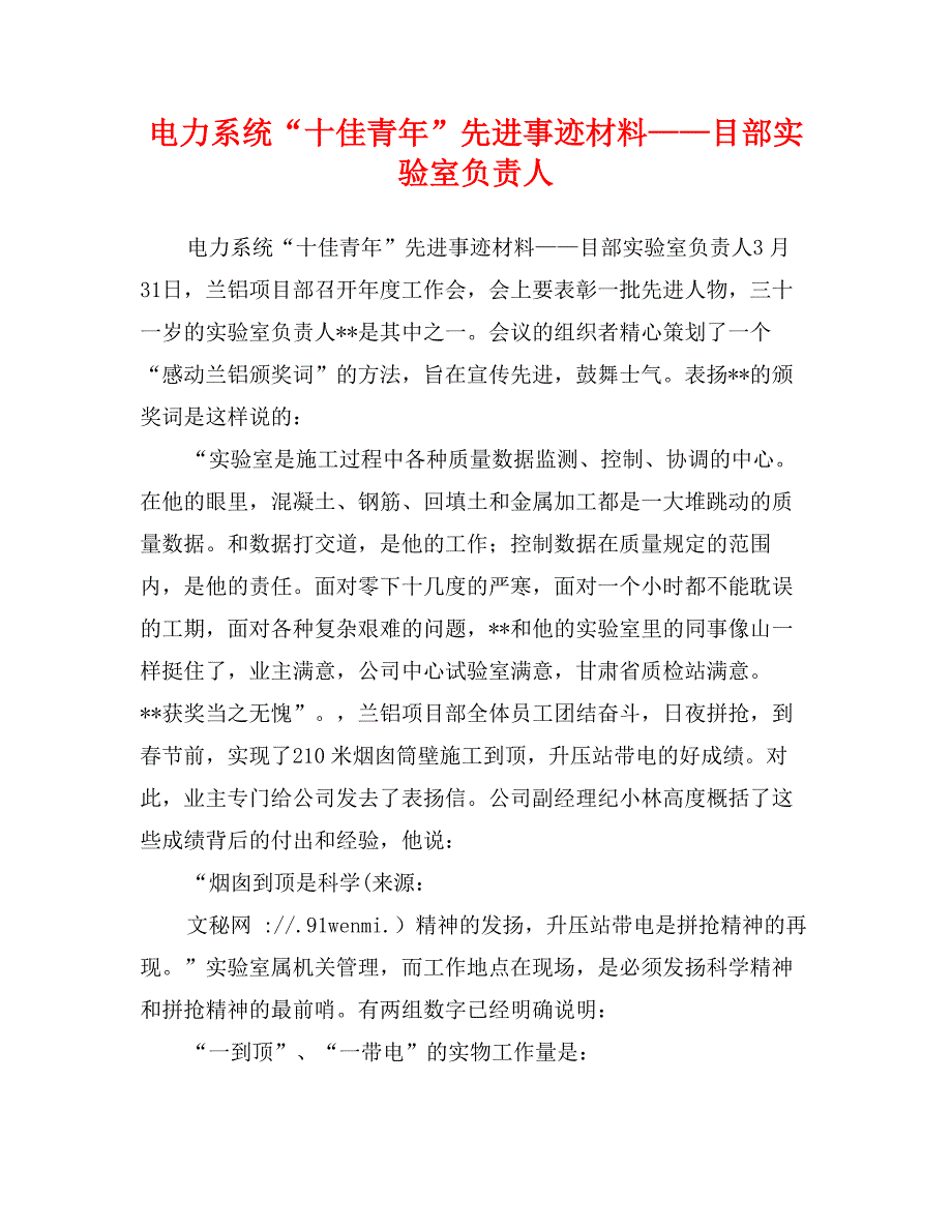 电力系统“十佳青年”先进事迹材料——目部实验室负责人_第1页