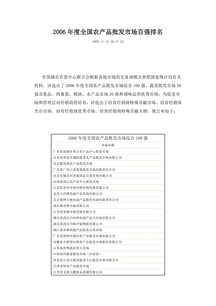 2006年度全国农产品批发市场百强排名_第1页
