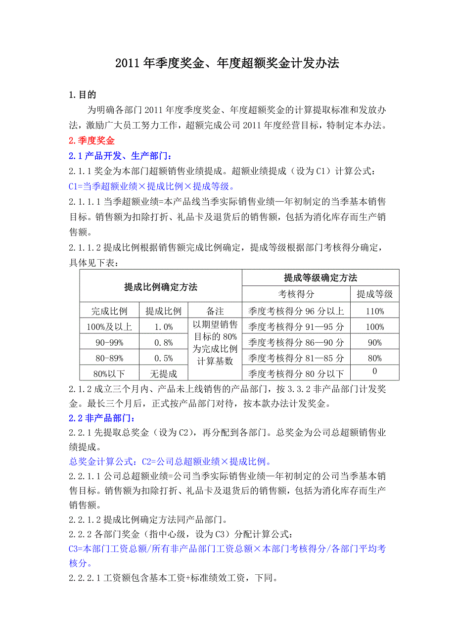 季度奖金、年度超额奖金计发办法_第1页