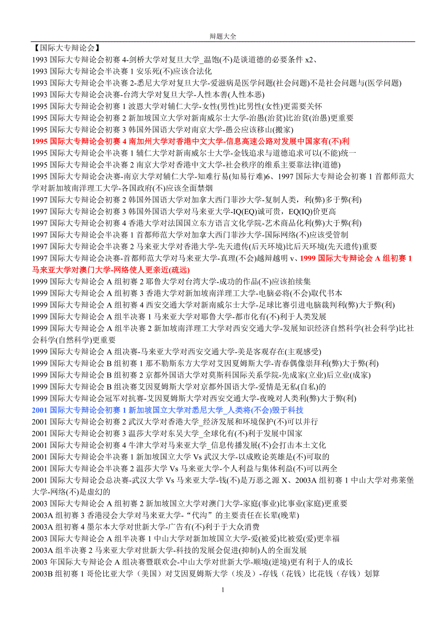 辩题大全(国辩、全辩、名校赛、海峡杯、地方赛事)_第1页