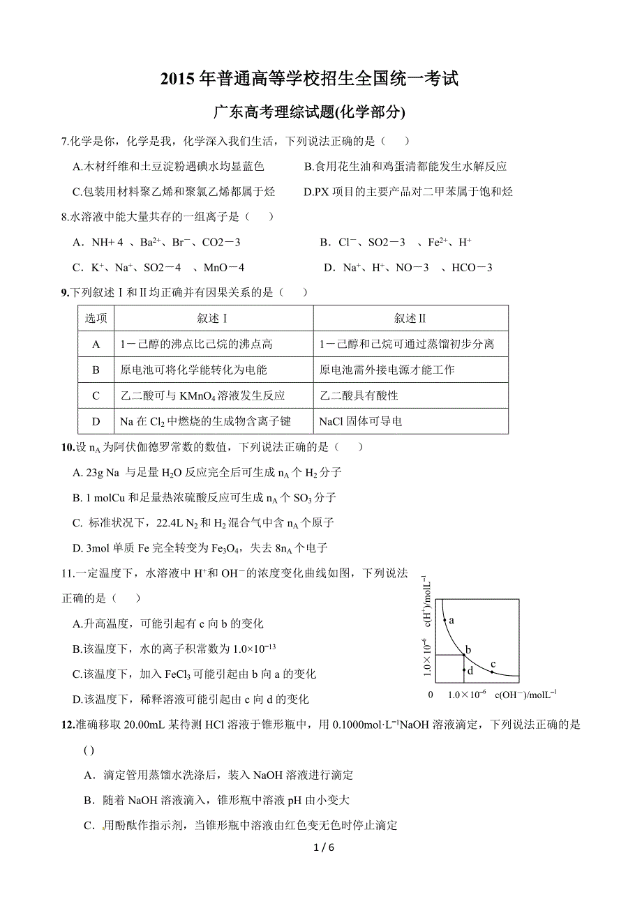 2015年高考理综试题-化学部分(广东卷)_第1页