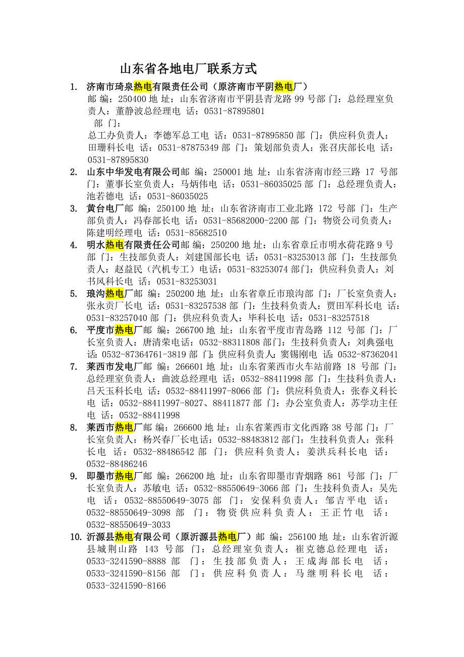 山东省各地电厂联系方式_第1页