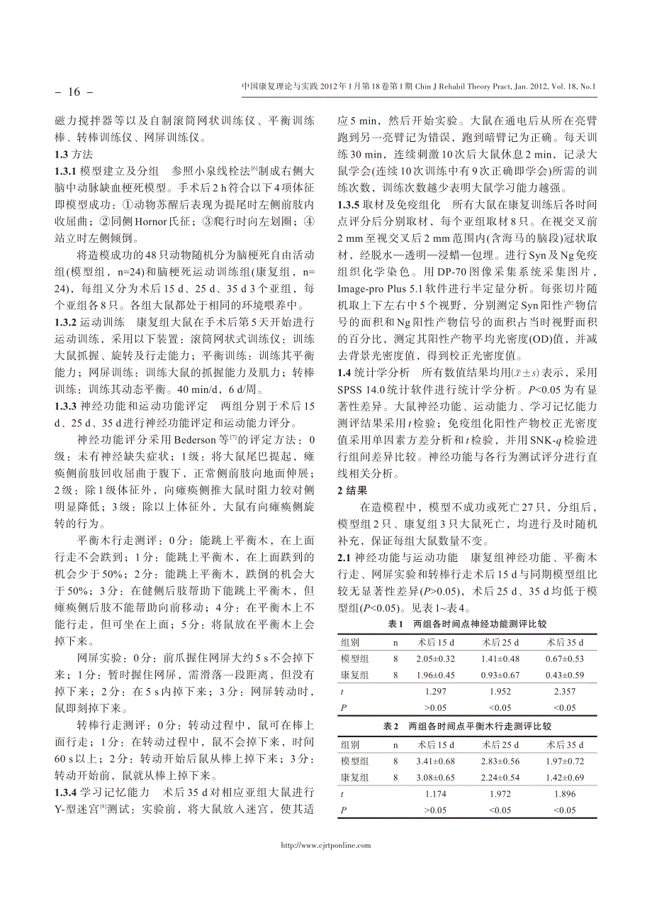 康复训练对脑梗死大鼠认知功能, 海马内突触素和神经颗粒素表达的影响①_第2页