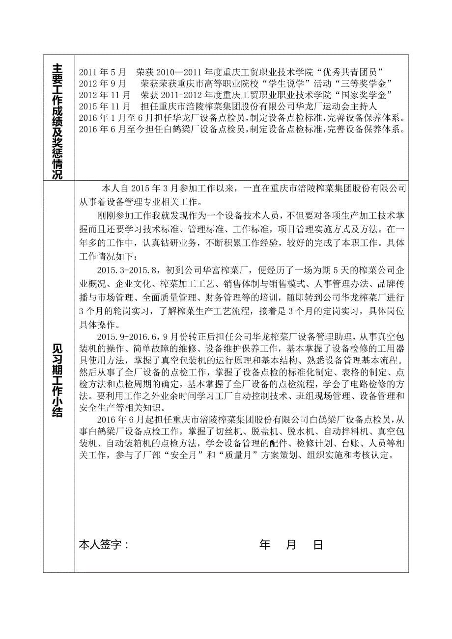 重庆市全日制普通大中专院校毕业生见习期满考核确定专业技术职务(职称)呈报表_第5页