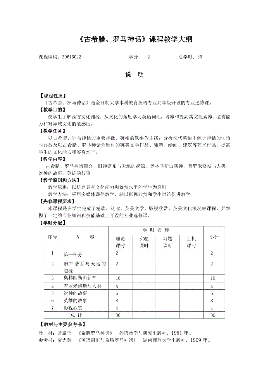 古希腊罗马神话欣赏 课程教学大纲及样题_第1页